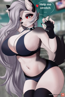 5_fingers anthro big_breasts black_clothing black_legwear black_nose black_stockings blurred_background bodily_fluids bra breasts claws cleavage clothed clothing collar dialogue eyelashes female finger_claws fingers grey_hair hair hand_behind_head huge_breasts inner_ear_fluff legwear long_hair looking_at_viewer navel red_sclera solo speech_bubble spiked_collar spikes sports_bra stockings sweat talking_to_viewer text thick_thighs thigh_highs tuft underwear white_eyes macaronneko hellaverse helluva_boss mythology loona_(helluva_boss) canid canid_demon canine demon hellhound mammal mythological_canine mythological_creature 2022 digital_media_(artwork) english_text hi_res