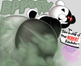 anthro backsack balls bent_over big_butt black_body butt butt_focus dominant dominant_anthro dominant_male fart fart_cloud fart_fetish farting_at_viewer genitals glowing glowing_eyes green_fart_cloud grey_background grin huge_butt humor laugh logo looking_at_viewer looking_back looking_back_at_viewer male mischievous_smile multicolored_body nude onomatopoeia presenting presenting_hindquarters pun short_tail shortstack shortstack_male simple_background slightly_chubby slightly_chubby_anthro slightly_chubby_male smile smug sniffing_request solo sound_effects speech_bubble tail talking_to_viewer text thick_thighs two_tone_body white_body floofygecko danganronpa spike_chunsoft monokuma bear mammal 2025 artist_logo digital_drawing_(artwork) digital_media_(artwork) hi_res