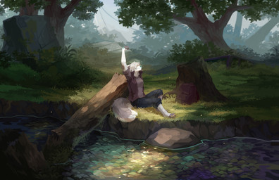 anthro black_bottomwear black_clothing black_pants bottomwear car clothed clothing female fur grass grey_clothing grey_topwear hair log mouth_closed obscured_eyes outside pants plant rock short_hair shrub sitting solo topwear tree unsigned vehicle water white_body white_fur white_hair wood corzh77 canid canine canis domestic_dog mammal absurd_res hi_res