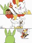 ambiguous_gender anthro burning butt_on_fire duo exclamation_point fire grin humor ouch pain pseudo_clothing running scared simple_background size_difference smile smug stick uhoh white_background winick-lim deviantart facebook furaffinity inkbunny nintendo pokemon braixen canid canine chespin generation_6_pokemon mammal pokemon_(species) rodent colored colored_sketch comic flat_colors signature sketch