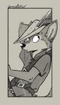 belt belt_buckle big_ears big_eyes buckle clothing comic_panel feathered_cap hat_feather headgear headwear looking_back looking_offscreen looking_over_shoulders loose_feather short_sleeved_shirt short_sleeves toony softailfox disney robin_hood_(disney) robin_hood canid canine fox mammal red_fox true_fox 2023 black_and_grey black_and_white digital_media_(artwork) monochrome sketch