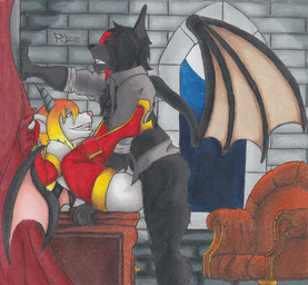 anthro black_body black_fur black_hair boots bottomless chair clothed clothing clothing_sex curtains desk duo female footwear from_front_position fur furniture gold_(metal) gradient_hair hair hand_against_wall high_heeled_boots high_heels horn leather_chair light looking_pleasured lying male male/female missionary_position moonlight night office_chair on_back red_leather sex shoes standing standing_sex stone_wall table vintage wall_(structure) white_body white_fur window wings remaninglife mythology dufort_(rayonatheicequeen) maddy_(rayonatheicequeen) bat demon domestic_cat dragon felid feline felis hybrid mammal mythological_creature mythological_scalie scalie hi_res traditional_media_(artwork)