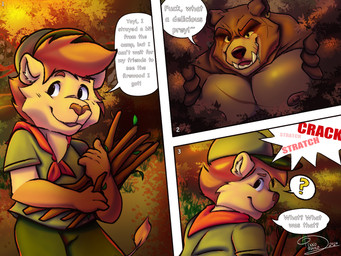age_difference anthro biped blush bodily_fluids brown_body brown_fur clothed clothing duo forest forest_background fur male male_anthro nature nature_background nipples nude plant public scout_uniform size_difference smile spying stalking tail text tree young young_anthro young_male pekkorekko bear felid feline mammal 4:3 absurd_res digital_media_(artwork) english_text hi_res