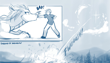 annoyed attack claws clothed clothing cloud duo explosion female feral hair horn humor larger_female larger_feral looking_at_another lying male mountain onomatopoeia outside plant punch size_difference smaller_human smaller_male sound_effects standing star text tree conditional_dnp tom_fischbach european_mythology mythology twokinds database_error_(twokinds) lady_nora_(twokinds) dragon human mammal mythological_creature mythological_scalie scalie western_dragon 2023 7:4 adobe_photoshop_(artwork) blue_and_white comic digital_media_(artwork) english_text hi_res monochrome sketch