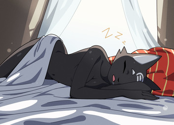 anthro bed_sheet bedding bedroom breasts covering covering_breasts day eyes_closed female nude sleeping sleeping_nude solo sound_effects vowelless vowelless_sound_effect zzz nulia tarahe domestic_cat felid feline felis mammal hi_res