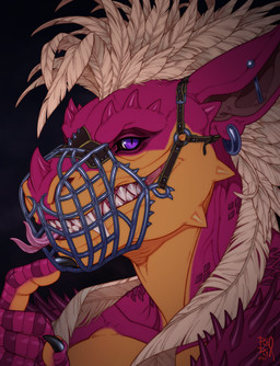anthro bared_teeth ear_piercing ear_ring female female_anthro front_view glistening glistening_eyes head_feathers industrial_piercing looking_at_viewer muzzle_(object) muzzled piercing pink_body pink_tongue pupils purple_eyes ring_piercing sharp_teeth slit_pupils solo teeth tongue tongue_out yellow_body riorix mythology dragon mythological_creature mythological_scalie scalie bust_portrait hi_res portrait