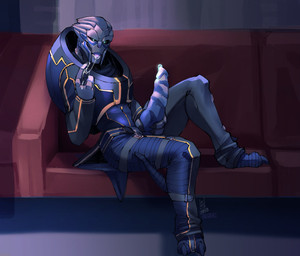 beckoning big_penis bodily_fluids clothing erection furniture genital_fluids genitals gesture holding_penis huge_penis looking_at_viewer male penis precum reclining smile sofa solo skerzzz bioware electronic_arts mass_effect celius_acillion alien turian absurd_res hi_res