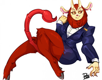 anthro bottomwear claws clothing ear_piercing facial_hair fangs female hooves horn mane piercing scorpion_tail skirt solo suit teeth punkcroc dungeon_flippers iranian_mythology middle_eastern_mythology mythology maulie_(dungeon_flippers) felid mammal manticore mythological_creature hi_res