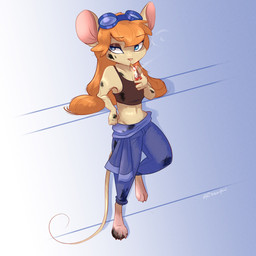 anthro barefoot blue_background blue_eyes bottomwear cigarette cigarette_in_mouth clothing crop_top dirty eyewear eyewear_on_head feet female fire goggles goggles_on_head hair holding_object light long_hair midriff navel object_in_mouth orange_hair pants shirt simple_background smoking solo topwear ribbontini chip_'n_dale_rescue_rangers disney gadget_hackwrench mammal mouse murid murine rodent 1:1 2020 hi_res lighting signature