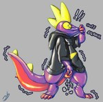 2024 4_claws anthro black_clothing bottomless claws clothed clothing colored colored_sketch costume creases exclamation_point folds fursuit glistening grey_background head_spikes hi_res hoodie hoodie_only inflatable latex latex_clothing latex_skinsuit leezpunk male nozzle nozzle_on_tail null_bulge pal_(species) palworld pocketpair pulling_suit purple_body rubber_clothing simple_background sketch skinsuit solo spiked_tail spikes spikes_(anatomy) stormdragonblue stuck stuck_in_suit suit tail tight_clothing topwear topwear_only trapped tugging wrinkles wrinkles_in_clothes yellow_eyes