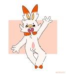 anthro balls band-aid bandage blush buckteeth erection fur genitals gesture male open_mouth orange_body orange_eyes orange_fur penis simple_background solo standing tapering_penis teeth waving white_body white_fur young young_anthro young_male moordred nintendo pokemon generation_8_pokemon pokemon_(species) scorbunny absurd_res hi_res