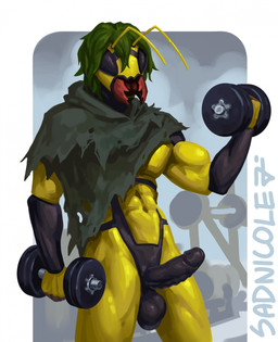 abs antennae_(anatomy) balls biceps dumbbell erection genitals glans green_hair hair humanoid_genitalia humanoid_penis male mandibles muscular muscular_male penis solo weights yellow_body sadnicole arthropod insect digital_media_(artwork) hi_res