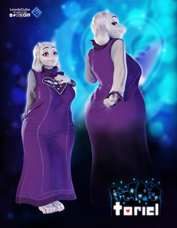 anthro barefoot big_breasts big_butt breasts butt clothed clothing dress eyelashes eyeshadow feet female floppy_ears front_view fur hand_on_chest horn looking_at_viewer looking_back looking_back_at_viewer lop_ears makeup pink_eyes purple_clothing purple_dress purple_eyeshadow rear_view smile solo text thick_thighs white_body white_fur white_horn wide_hips lewdxcube undertale_(series) toriel boss_monster_(undertale) bovid caprine goat mammal 3d_(artwork) absurd_res digital_media_(artwork) hi_res