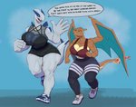 2020 5_fingers absurd_res anthro anthrofied big_breasts blue_body bodily_fluids bottomwear bra breasts charizard cleavage clothed clothing curvy_figure dialogue duo english_text female fingers footwear generation_1_pokemon generation_2_pokemon greasymojo hi_res hotpants huge_breasts larger_female legendary_pokemon lugia muscular muscular_female name_drop nintendo open_mouth orange_body pants pokemon pokemon_(species) pokemorph shoes shorts size_difference smaller_female speech_bubble sports_bra sweat tail text thick_thighs underwear voluptuous white_body wide_hips wings yoga_pants