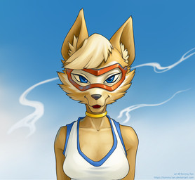 anthro black_nose blue_clothing blue_eyes blue_pupils blue_shirt blue_topwear breasts brown_ears cheek_tuft clothing collar collarbone crossgender eyewear facial_markings facial_tuft female front_view fur goggles gradient_background head_markings head_tuft inner_ear_fluff iris looking_at_viewer markings mascot mask_(marking) medium_breasts monotone_body monotone_fur mtf_crossgender multicolored_clothing multicolored_shirt multicolored_topwear open_mouth open_smile pointy_ears prick_ears pupils shirt simple_background smile smoke snout solo tan_body tan_fur tank_top text topwear tuft two_tone_clothing two_tone_shirt two_tone_topwear white_clothing white_shirt white_topwear tommy-tan fifa zabivaka canid canine canis mammal wolf 2018 digital_drawing_(artwork) digital_media_(artwork) half-length_portrait hi_res portrait signature url