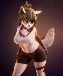 anthro big_breasts big_butt blue_eyes breasts butt choker clothing collar female fur hands_on_hips huge_breasts jewelry multicolored_body necklace nipples piercing solo tail wide_hips shipui lumis_(oc) 3d_(artwork) digital_media_(artwork) hi_res