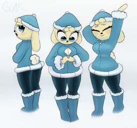 annoyed anthro big_breasts blue_eyes bored breasts cleavage clothed clothing crossed_arms eyelashes female floppy_ears fluffy fluffy_tail fur group hat headgear headwear side_view simple_background smile snow_boots snowsuit stretching tail text thick_thighs trio white_background wide_hips winter_clothing yellow_body yellow_fur zipper guak amy_hope_(guak) lagomorph mammal hi_res