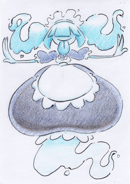 apron big_breasts blue_body blue_hair breasts clothing female hair huge_breasts hyper hyper_breasts maid_uniform simple_background solo tongue tongue_out uniform white_background wide_hips shar0makai ghost spirit 2025 absurd_res hi_res traditional_media_(artwork)