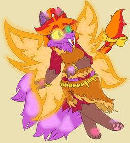 4_tails accessory ahoge anthro breasts brown_body brown_clothing brown_ears brown_fur clothing eyelashes fangs female fur glowing glowing_ears glowing_eyes glowing_markings glowing_tail glowing_wings green_eyes hair hair_accessory hair_ribbon inner_ear_fluff markings multi_tail multicolored_hair orange_hair orange_wings pawpads pink_pawpads purple_body purple_fur purple_inner_ear_fluff purple_tail red_body red_fur red_hair red_tail ribbons sabertooth_(anatomy) solo tail tan_clothing teeth tuft two_tone_hair two_tone_wings wings yellow_clothing yellow_eyes yellow_ribbon yellow_wings robynsnowyfoxxo neopets robyn_(robynsnowyfoxxo) canid canine faerie_neopet felid fire_faerie fox hybrid mammal neopet_(species) prehistoric_species saber-toothed_tiger 2021 absurd_res hi_res demigirl_(lore) nonbinary_(lore) trans_(lore) trans_woman_(lore)