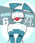 ball_gag blue_body blue_eyebrows blue_eyes blue_hair eyebrows female gag gagged hair heart_symbol machine not_furry solo text white_body zetaskully my_life_as_a_teenage_robot nickelodeon jenny_wakeman android humanoid robot 2024 absurd_res english_text hi_res