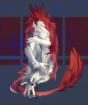 anthro claws eyes_closed fur male multicolored_body multicolored_fur red_body red_fur sad simple_background solo tail two_tone_body two_tone_fur white_body white_fur roshaaa cassius_(oldmancassius) sergal hi_res