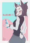 5_fingers anthro black_hair blush bottle breasts butt clothing container female fingers fur green_eyes hair holding_bottle holding_container holding_object looking_at_viewer shirt simple_background smile solo topwear white_body white_fur ayabemiso canid mammal 2021 hi_res