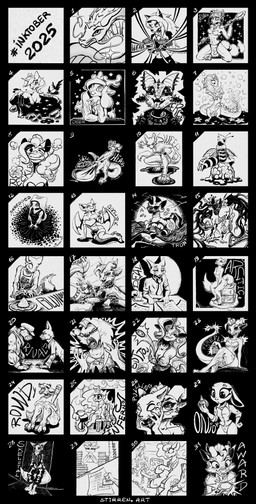 angry anthro baseball_bat bat_(object) bite biting_lip blep branch claws clothing coin container crown crystal cup dress duo female female_anthro feral fire gem grin headgear horn ice ice_cube ink jewelry kigurumi kneeling long_dress male male_anthro mask multiple_piercings necktie onesie open_mouth piercing rope sitting smile solo stamp surprised text tongue tongue_out stirren deltarune disney dreamworks friendship_is_magic ghibli hasbro hellaverse helluva_boss inktober inktober_2025 my_little_pony mythology nintendo pokemon raya_and_the_last_dragon sega sonic_the_hedgehog_(series) spirited_away star_fox the_bad_guys undertale_(series) zootopia diane_foxington haku_(spirited_away) judy_hopps kitty_kat_(the_bad_guys) krystal_(star_fox) loona_(helluva_boss) maid_marian nick_wilde noelle_holiday pinkie_pie_(mlp) princess_celestia_(mlp) princess_luna_(mlp) queen_chrysalis_(mlp) rarity_(mlp) rouge_the_bat sisu_(ratld) stirren_(stirren) woon_(sixeyedfox) zecora_(mlp) arctic_fox arthropod bat bee canid canid_demon canine deer demon domestic_cat dragon eevee equid equine european_rabbit felid feline felis fox generation_1_pokemon hellhound horse hyena hymenopteran insect kobold lagomorph leporid mammal mythological_canine mythological_creature mythological_equine mythological_scalie oryctolagus pokemon_(species) pony rabbit red_fox scalie true_fox unicorn 2025 absurd_res english_text hi_res monochrome multiple_images