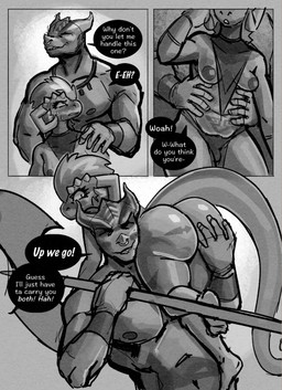 anthro areola athletic athletic_anthro athletic_male axe battle_axe big_areola bodily_fluids bottomwear carrying_another clothing duo facial_piercing femboy gynecomastia horn loincloth male male/male nervous nervous_sweat nose_piercing nose_ring pecs piercing ring_piercing shoulder_carry size_difference speech_bubble sweat tail text womb_tattoo areye_(artist) microsoft the_elder_scrolls quivers-for-arrows argonian scalie comic english_text greyscale hi_res monochrome