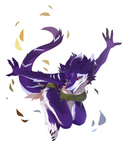 anthro back_tuft biped blue_body blue_fur bottomwear butt_tuft cheek_tuft clothed clothing facial_markings facial_tuft female fur green_bottomwear green_clothing green_topwear head_markings leaf markings purple_body purple_fur red_eyes red_sclera simple_background solo striped_body striped_fur striped_markings striped_tail stripes tail tail_markings topwear tuft unsigned white_background corzh77 sergal absurd_res full-length_portrait hi_res portrait