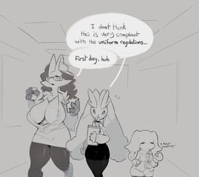 3_fingers anthro anthrofied areola areola_slip arms_bent big_breasts big_ears biped bodily_fluids book bottomless bottomless_anthro bottomless_female bottomwear breasts casual_exposure choker cleavage clothed clothed_anthro clothed_female clothing collared_shirt curvy_figure ear_tuft ellipsis emanata eyewear fangs female fingers floppy_ears fully_clothed fully_clothed_anthro fully_clothed_female fur fur_tuft genitals glasses group half-rim_glasses holding_book holding_coffee_mug holding_object huge_breasts id_card jewelry legwear looking_at_another lop_ears mature_anthro mature_female medium_breasts narrowed_eyes necklace nervous nervous_smile nervous_sweat office_clothing office_lady open_clothing open_mouth open_shirt open_topwear pantyhose partially_clothed_anthro partially_clothed_female pencil_skirt pokemorph pseudo_hair pupils shirt shortstack size_difference skirt small_breasts standing sweat talking_to_another teeth text thick_thighs topwear trio tuft unbuttoned_shirt voluptuous voluptuous_anthro voluptuous_female vulva waking_up walking wearing_glasses white_speech_bubble wide_hips dodudoru nintendo pokemon audino delphox generation_4_pokemon generation_5_pokemon generation_6_pokemon lopunny pokemon_(species) 2025 digital_media_(artwork) english_text hi_res monochrome sketch
