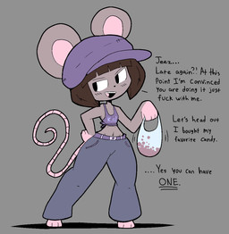 anthro bag barefoot black_eyes blush blush_lines bottomwear breasts brown_hair candy clothed clothing denim denim_bottomwear denim_clothing dessert dialogue feet female flat_chested food grey_background grey_body hair hat headgear headwear jeans navel pants profanity shirt simple_background small_breasts solo tail text thick_thighs topwear wide_hips usagibun1 ida_(usagibun1) mammal mouse murid murine rodent 2024 digital_media_(artwork) english_text