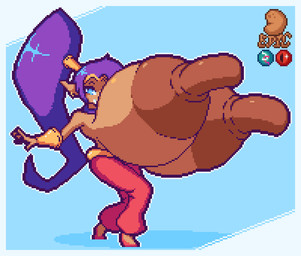 big_breasts big_nipples blue_background blue_eyes bottomwear bouncing_breasts bracelet breasts clothed clothing ear_piercing ear_ring female food glistening glistening_hair grin hair huge_breasts huge_nipples humanoid_pointy_ears hyper hyper_breasts hyper_nipples jewelry long_hair long_nipples looking_at_viewer nipples outline pants piercing plant pointy_ears potato purple_hair red_bottomwear red_clothing red_pants ring_piercing simple_background smile solo topless vegetable white_outline epicpotatolord shantae_(series) wayforward shantae genie humanoid animated digital_media_(artwork) pixel_(artwork)