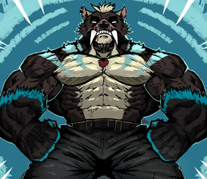 abs aggressive anthro barazoku belt biceps big_muscles big_pecs black_belt black_bottomwear black_clothing black_eyebrows black_pants blonde_hair blue_background blue_body blue_fur bottomwear brown_body brown_fur bulge clothed clothing eyebrows facial_scar fangs fangs_bared fierce fierce_expression fist flexing flexing_bicep flexing_both_biceps flexing_muscles flexing_pecs frown fur growling hair heart_necklace intimidation jewelry looming looming_over low-angle_view male manly muscular muscular_anthro muscular_male necklace pants pecs presenting presenting_pecs scar scowl showing_off_muscles simple_background solo teeth thick_arms thick_eyebrows thick_thighs topless topless_anthro topless_male tough_guy vein veiny_muscles yellow_body yellow_fur marsel-defender canid canine canis felid hybrid mammal prehistoric_species saber-toothed_tiger wolf hi_res