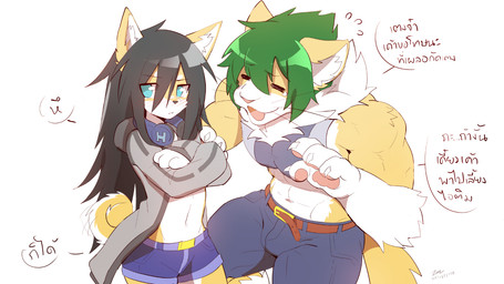 anthro black_hair blue_eyes bulge crossgender ear_tuft electronics female green_hair hair headphones male simple_background tuft white_background sollyz haruz sundyz canid canine canis domestic_cat domestic_dog felid feline felis mammal 16:9 2020 widescreen