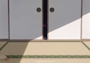 ambiguous_feral ambiguous_gender black_body black_fur day detailed_background door feral fur hiding inside light looking_at_viewer lying no_sclera on_front peeking_through_door plushie red_eyes solo sunlight tatami olyester nintendo pokemon eeveelution generation_2_pokemon mammal pokemon_(species) umbreon 2025 colored digital_media_(artwork) digital_painting_(artwork) lighting painting_(artwork) shaded signature