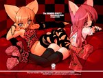 2000 4:3 alternative_fashion animal_humanoid blade4649 bottomless brown_hair butt clothed clothing domestic_cat duo ear_piercing felid feline felis female gyaru hair humanoid j-fashion legwear long_hair mammal piercing pink_hair pose reclining red_theme short_stack stockings tsuyome y2k_(fashion)