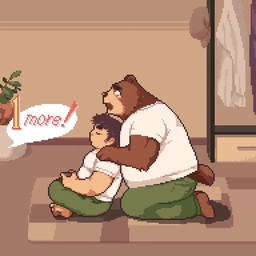 anthro belly bodily_fluids bottomwear brown_body brown_fur brown_nose clothing controller detailed_background dialogue duo eating eyes_closed food fur game_controller gaming human_on_anthro humanoid_hands inside interspecies kemono male male/male overweight overweight_male pants playing_video_game shirt sitting tears text topwear kiringkirishima pocky bear human mammal 1:1 2021 animated english_text no_sound short_playtime video