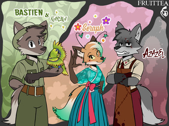 5_fingers accessory antennae_(anatomy) anthro apron armor asian_clothing bared_teeth belt bottomwear brown_body brown_eyebrows brown_fur cheek_markings clothing collared_shirt crossed_arms dipstick_ears ear_markings ear_scar ear_tunnel east_asian_clothing eye_scar eyebrows facial_markings facial_scar femboy feral fingers flower fur gesture gloves gloves_(marking) green_clothing green_hair green_shirt green_topwear grey_body grey_eyebrows grey_fur grey_inner_ear_fluff group hair handwear head_markings head_tuft headgear heart_symbol helmet inner_ear_fluff japanese_clothing kimono leaf leg_markings male markings mortician multicolored_body multicolored_ears multicolored_fur necktie orange_body orange_fur pants pin_accessory pin_button pith_helmet plant pupils safari_shirt scar shirt side_by_side slit_pupils smile socks_(marking) standing star teeth text topwear trio tuft waist_bow waving waving_at_viewer white_clothing white_sclera white_shirt white_topwear yellow_sclera zookeeper fruittea azazel_(fruittea) bastien_(fruittea) karma_(fruittea) seraph_(fruittea) ara_(genus) avian bird canid canine canis fox macaw mammal military_macaw neotropical_parrot parrot true_parrot wolf 2025 artist_name colored digital_drawing_(artwork) digital_media_(artwork) english_text hi_res signature
