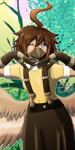 abstract_background anthro arm_warmers armwear beak blind bottomwear brown_body brown_hair clothed clothed_anthro clothed_female clothing disability female hair one_eye_closed pose screencap screencap_background shirt skirt smile smiling_at_viewer solo suspenders talon_hands topwear wings arc_rose vanilla_(arcrose) avian bird digital_drawing_(artwork) digital_media_(artwork) hi_res pinup