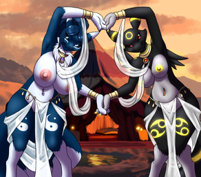 anthro areola big_breasts black_body black_fur blue_body blue_fur breasts dancer_outfit dark_sclera desert duo female fur genitals glowing glowing_eyes glowing_markings grey_body grey_fur huge_breasts jewelry markings nipples red_eyes tent vulva white_body white_eyes white_fur furball bandai_namco digimon nintendo pokemon azula_(azurekyuubi88) baemon canid canine digimon_(species) eeveelution fox generation_2_pokemon hybrid mammal pokemon_(species) renamon umbreon 2025