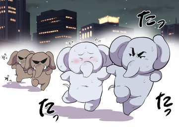 anthro belly blush bodily_fluids chibi eyes_closed eyewear grey_body group male night outside running scared slightly_chubby sunglasses sweat text tyabasira0518 elephant elephantid mammal proboscidean 2021 japanese_text