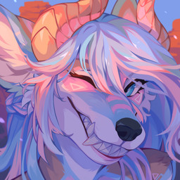 anthro black_nose blue_body blue_eyes blue_fur blue_hair fangs female front_view fur grey_body grey_fur grin hair inner_ear_fluff looking_at_viewer multicolored_body multicolored_fur multicolored_hair one_eye_closed pink_body pink_fur pink_hair smile solo teeth tuft white_body white_fur white_inner_ear_fluff corzh77 canid canine mammal 1:1 hi_res