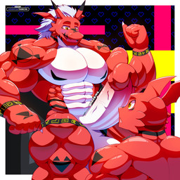 abs anthro balls biceps big_balls big_muscles big_penis blush deltoids duo erection flexing genitals glans huge_balls huge_muscles huge_penis hyper hyper_balls hyper_genitalia hyper_muscles hyper_penis male muscular muscular_male nude obliques pecs penis penis_awe throbbing vein veiny_penis voidfoxtamcin bandai_namco digimon digimon_(species) growlmon guilmon 1:1 hi_res