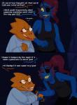 2015 alphys anthro blue_body blue_scales blush clothing coat comic cosmic_canine_(artist) dialogue duo english_text eye_patch eyewear female female/female fish gesture glasses hair handshake hi_res lab_coat lizard marine red_hair reptile scales scalie speech_bubble text topwear undertale undertale_(series) undyne water waterfall yellow_body yellow_scales