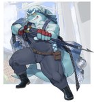 anthro biceps boots clothing footwear harpoon harpoon_gun kerchief male melee_weapon muscular muscular_anthro muscular_male overalls pecs polearm scar shoes solo spear weapon yellow_eyes kzy_r9877 lifewonders live_a_hero isaribi fish marine shark hi_res