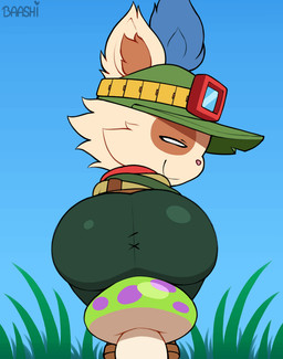 anthro butt clothing fungus male mushroom scout_uniform smile smirk solo taunting teasing torn_clothing twerking baashi league_of_legends riot_games tencent teemo_(lol) yordle 2d_animation animated frame_by_frame hi_res