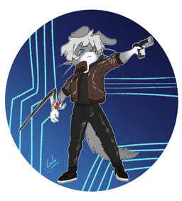 anthro biped black_bottomwear black_clothing black_footwear black_pants black_shirt black_topwear blue_eyes bottomwear clothed clothing cosplay countershade_face countershade_fur countershading cybernetic_arm cybernetic_limb footwear fur gloves_(marking) grey_body grey_fur grey_hair gun hair holding_gun holding_object holding_ranged_weapon holding_weapon jacket male markings pants ranged_weapon shirt solo standing topwear weapon whiskers white_body white_countershading white_fur white_markings galo cd_projekt_red cyberpunk_2077 v_(cyberpunk_2077) xenos canid canine canis domestic_cat felid feline felis hybrid mammal wolf 2025 absurd_res hi_res