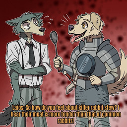 5_fingers abstract_background alternate_species anthro armor belt black_lips bottomwear clothed clothed_anthro clothed_male clothing duo fingers fur furrification grey_body grey_fur holding_pan lips looking_at_another male male_anthro necktie pants pink_tongue shirt shoulder_armor suspenders tail talking_to_another tan_body tan_fur teeth text tongue tongue_out topwear white_clothing white_sclera white_shirt white_topwear yellow_eyes lemurkingdoodles beastars delicious_in_dungeon laios_touden legoshi_(beastars) canid canine canis domestic_dog mammal wolf 1:1 2025 crossover digital_media_(artwork) english_text subtitled