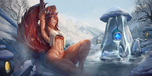 breasts female hair hot_spring nomura_akane nude onsen pubic_tattoo solo tattoo water womb_tattoo monduck canid canine humanoid mammal absurd_res hi_res