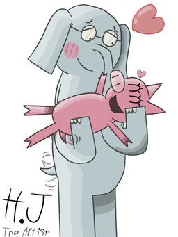 anthro blush carrying_another carrying_partner children's_book duo eyes_closed eyewear female glasses grey_body grey_skin happy heart_symbol looking_down looking_down_at_partner male male/female pig_nose pink_blush pink_body pink_skin proboscis_(anatomy) simple_background smile tail tail_motion tailwag text trunk_(anatomy) wearing_glasses white_background hjtheartist elephant_and_piggie mo_willems gerald_(elephant_and_piggie) piggie_(elephant_and_piggie) domestic_pig elephant elephantid mammal proboscidean suid suine sus_(pig) 2026 3:4 artist_name colored comic digital_drawing_(artwork) digital_media_(artwork) english_text hi_res signature watermark widescreen